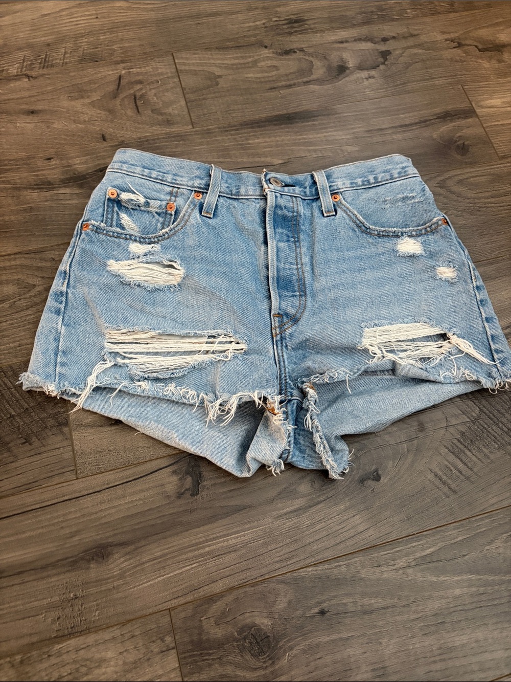 Levi's 501 button fly Light Blue Distressed jeans shorts